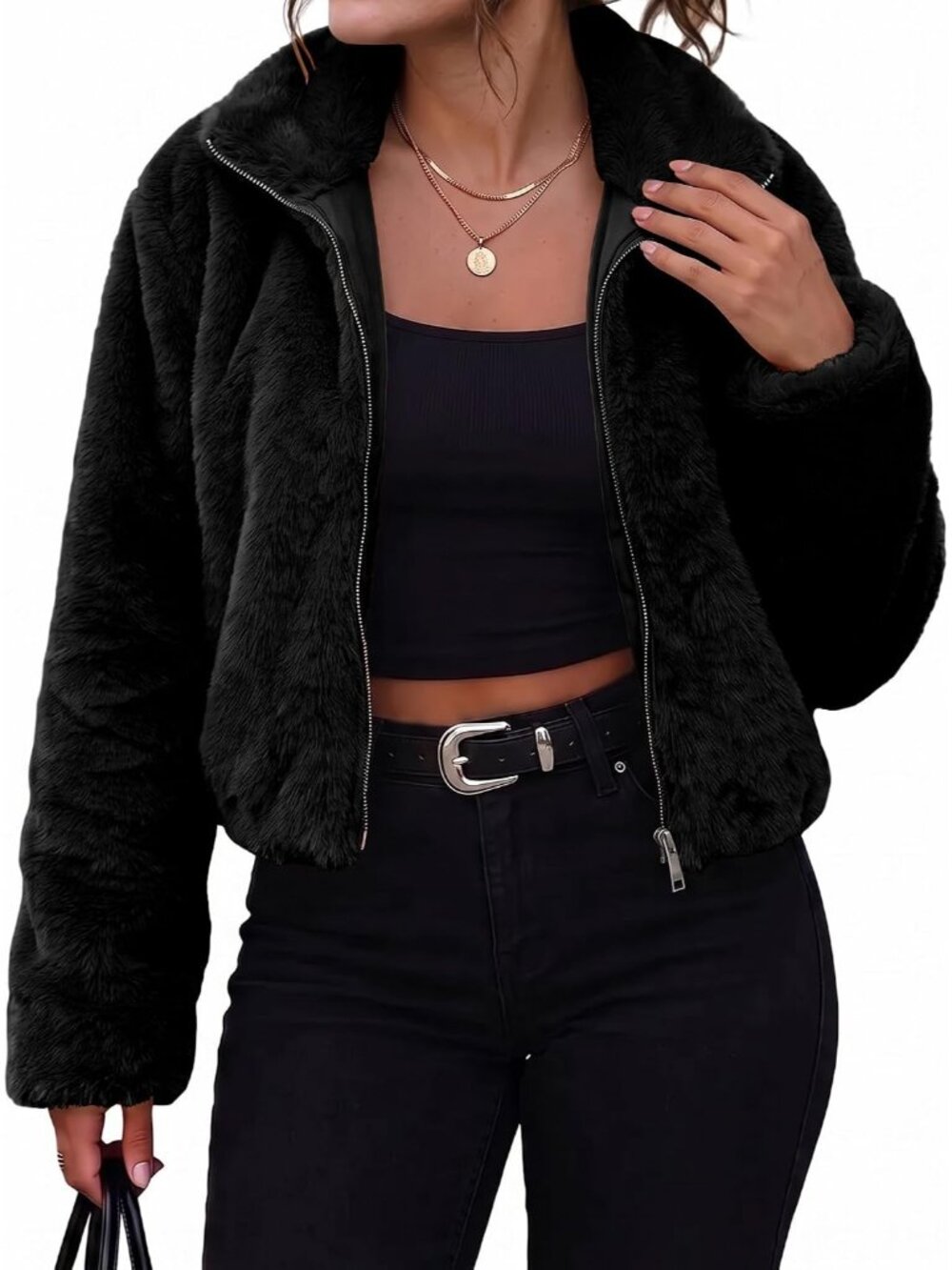 Women's Black 100% Polyester Cropped Full Zip-Up High Neck Collar Bomber Jacket